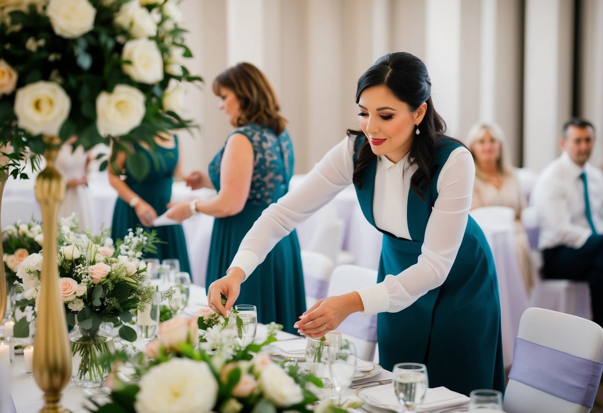A wedding planner, also known as an event coordinator, is busy organizing and arranging flowers, decorations, and seating arrangements for a grand ceremony