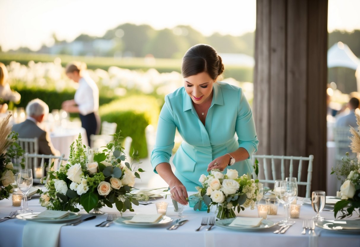 A wedding planner, also known as a coordinator, is busy organizing and arranging various elements of a wedding, such as flowers, seating, and decorations