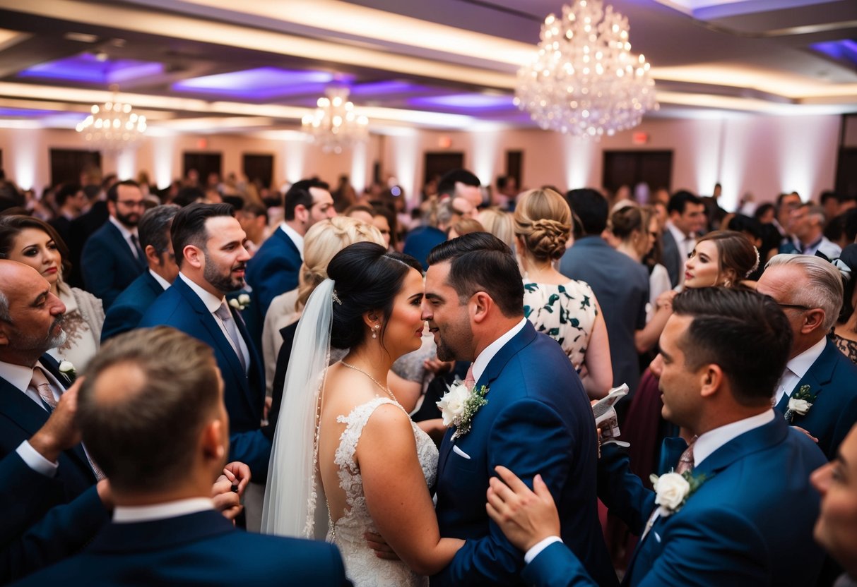 A crowded wedding venue with various guests, some causing drama or tension