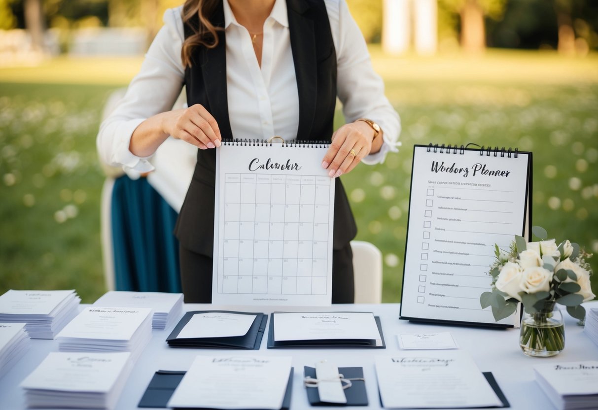 A wedding planner, also known as an event coordinator, organizes a table filled with wedding invitations, a calendar, and a checklist