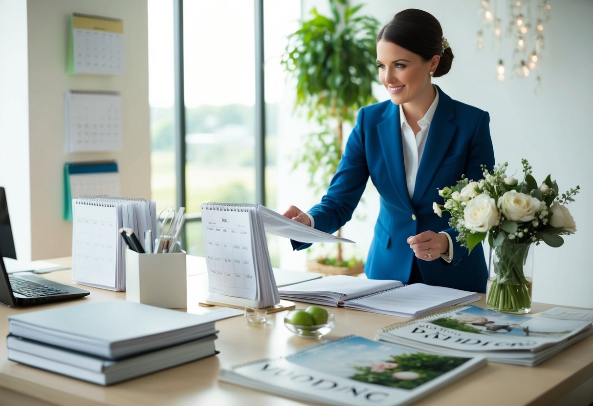 A wedding planner, also known as a bridal consultant, organizes a desk with calendars, schedules, and wedding magazines for inspiration