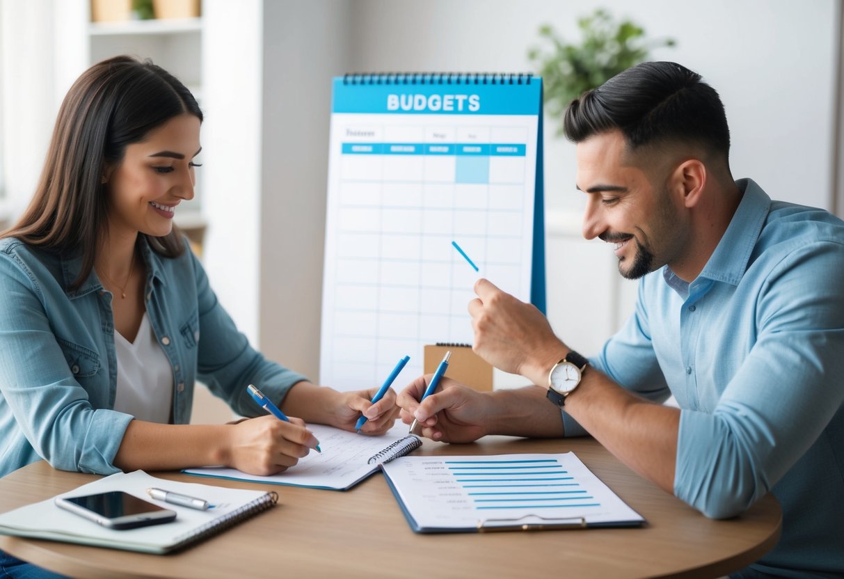 A couple sitting at a table with a list of names, crossing out some and circling others. A calendar and budget spreadsheet in the background