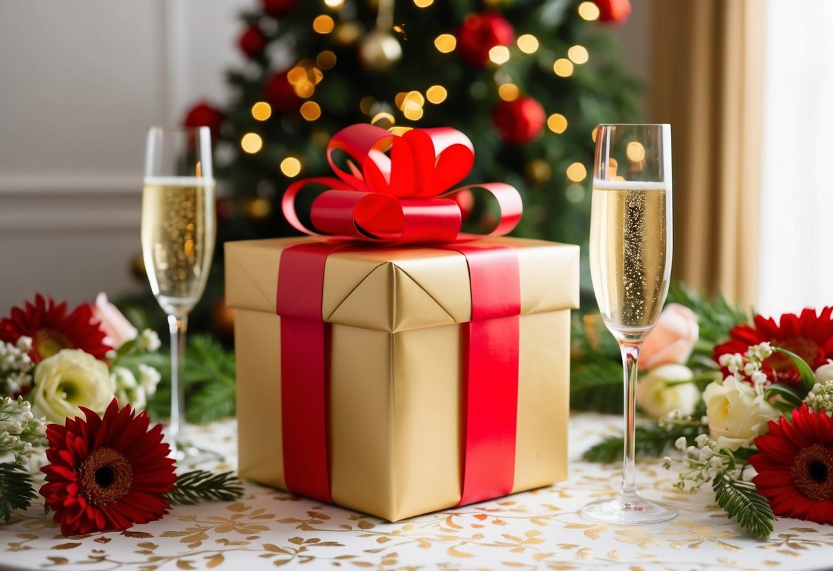 A beautifully wrapped gift box surrounded by flowers and champagne glasses on a decorated table