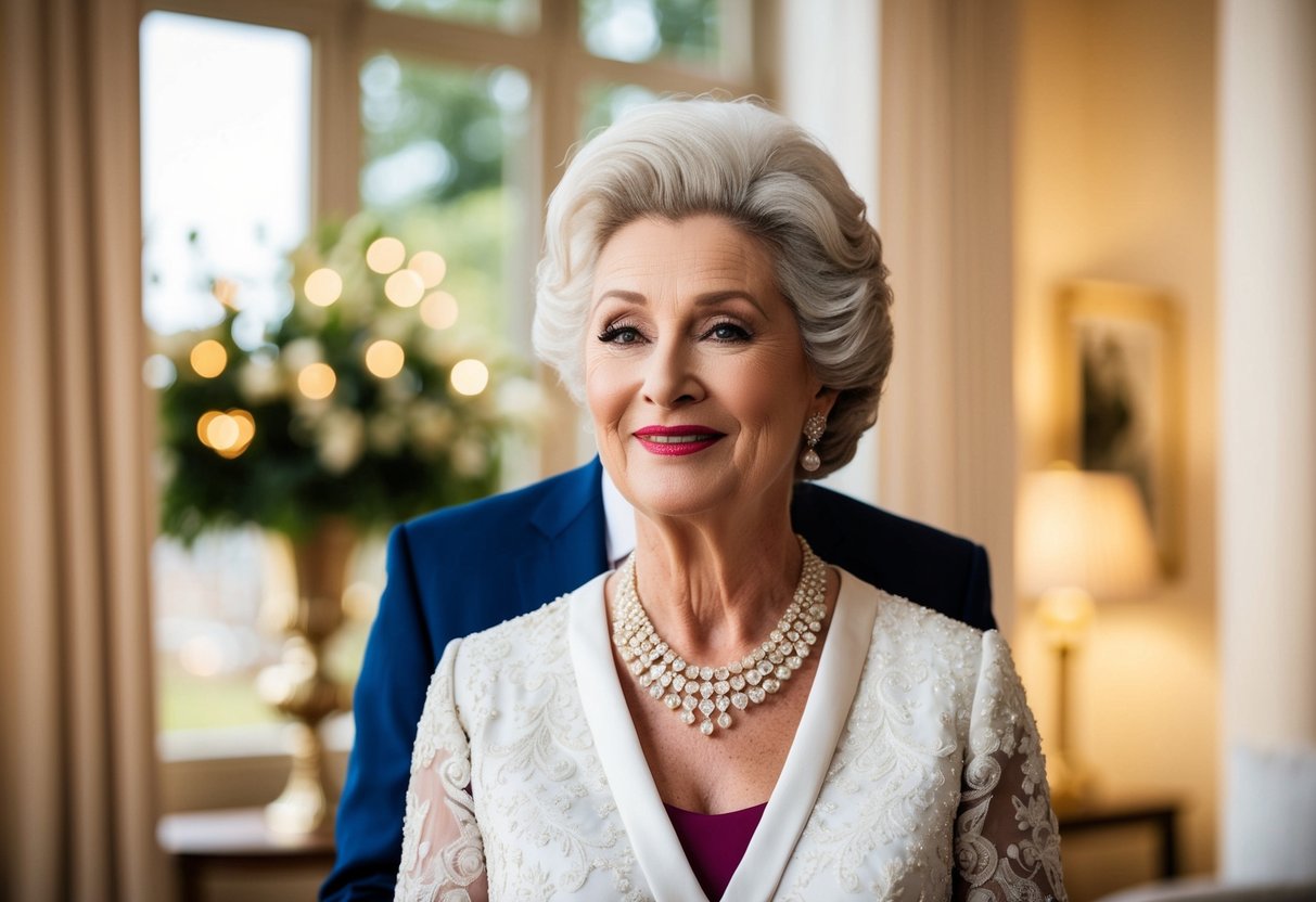 The groom's mother is expected to be elegant and poised, possibly wearing a tasteful and sophisticated outfit, while exuding warmth and grace