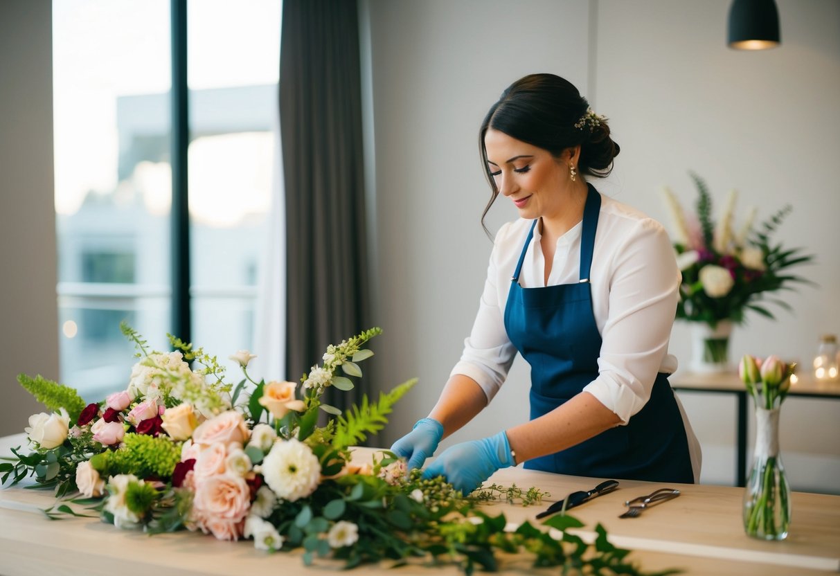 A woman arranging flowers and decor for a wedding