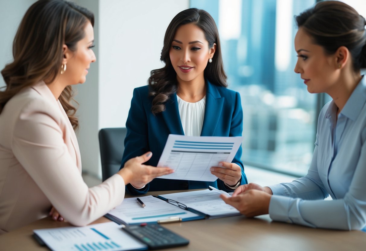 A woman reviewing financial documents and discussing wedding plans with a planner