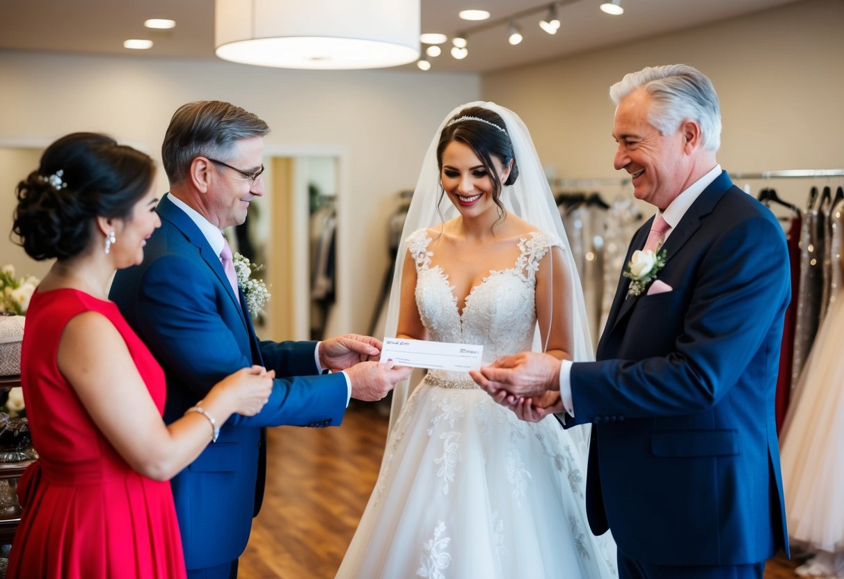 A bride's family hands over a check to a dress shop owner