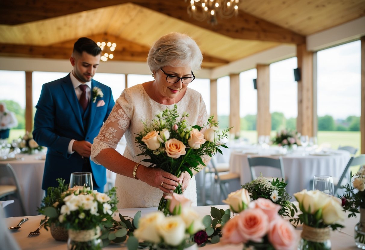 The groom's mother arranging flowers and decorations for the wedding venue
