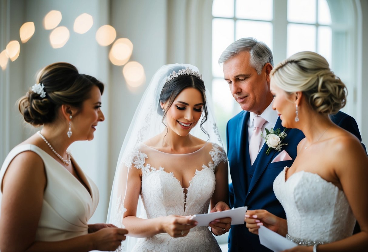 A bride's family and the bride herself discussing wedding dress expenses