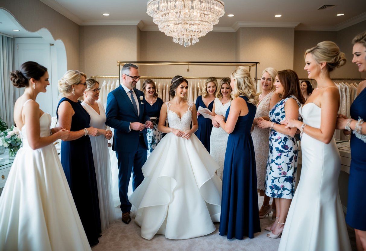 A bride's family and friends gather around her as she tries on wedding dresses in a luxurious bridal boutique