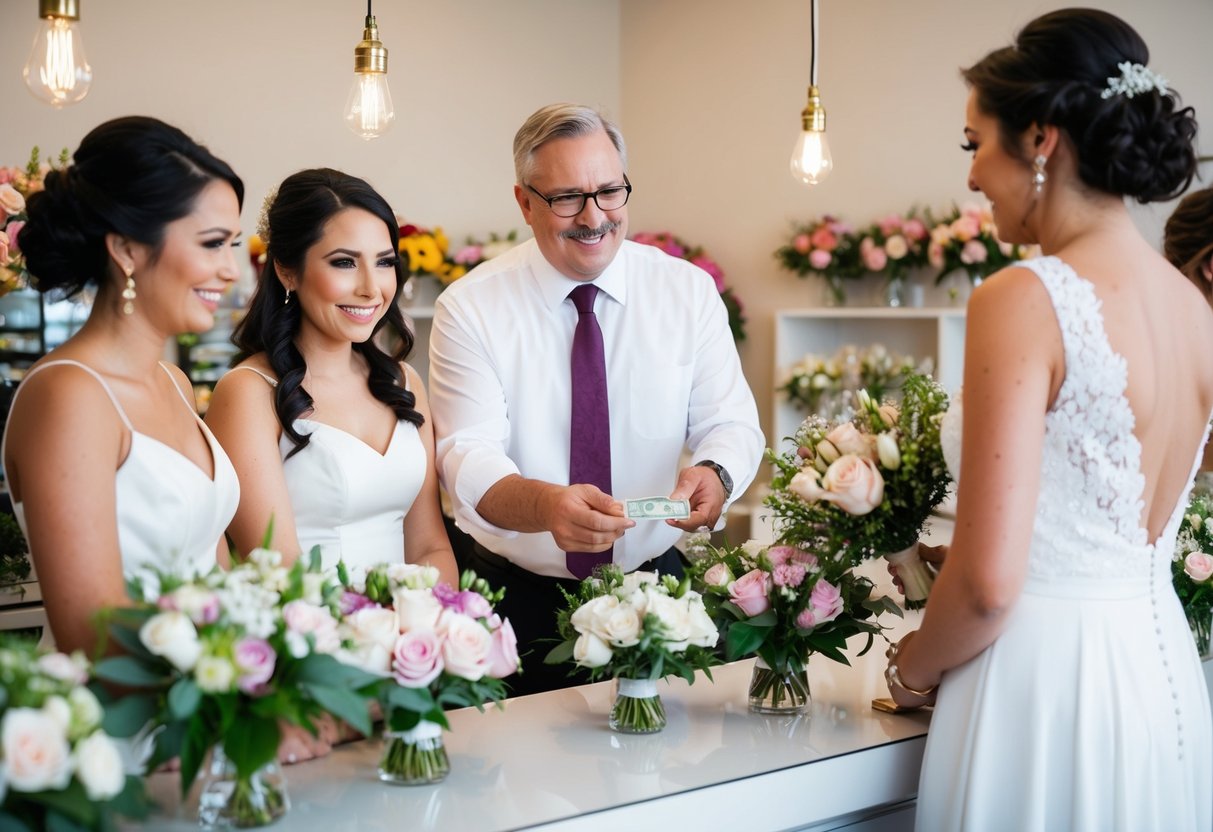 A bride's father hands a florist cash for bridesmaids' bouquets at a flower shop counter