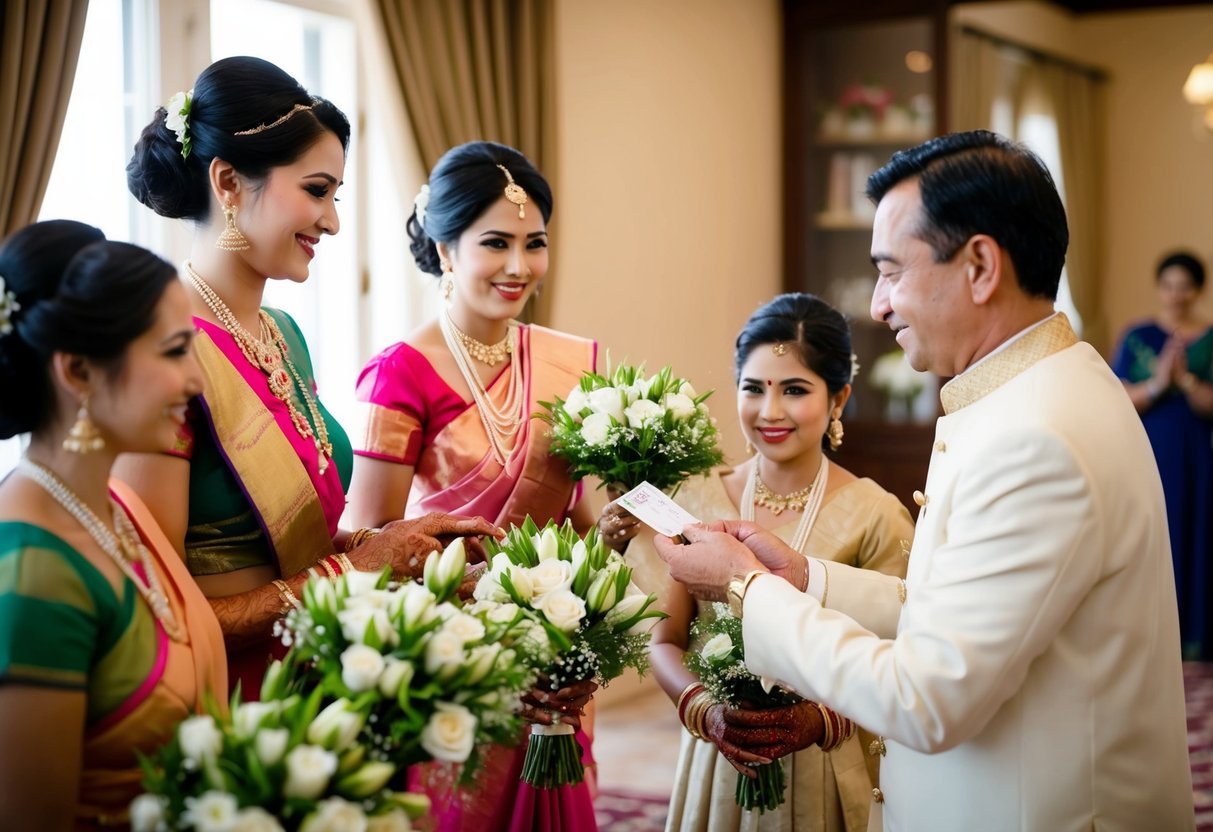 A bride's family hands a payment to a florist for bridesmaids' bouquets at a traditional wedding