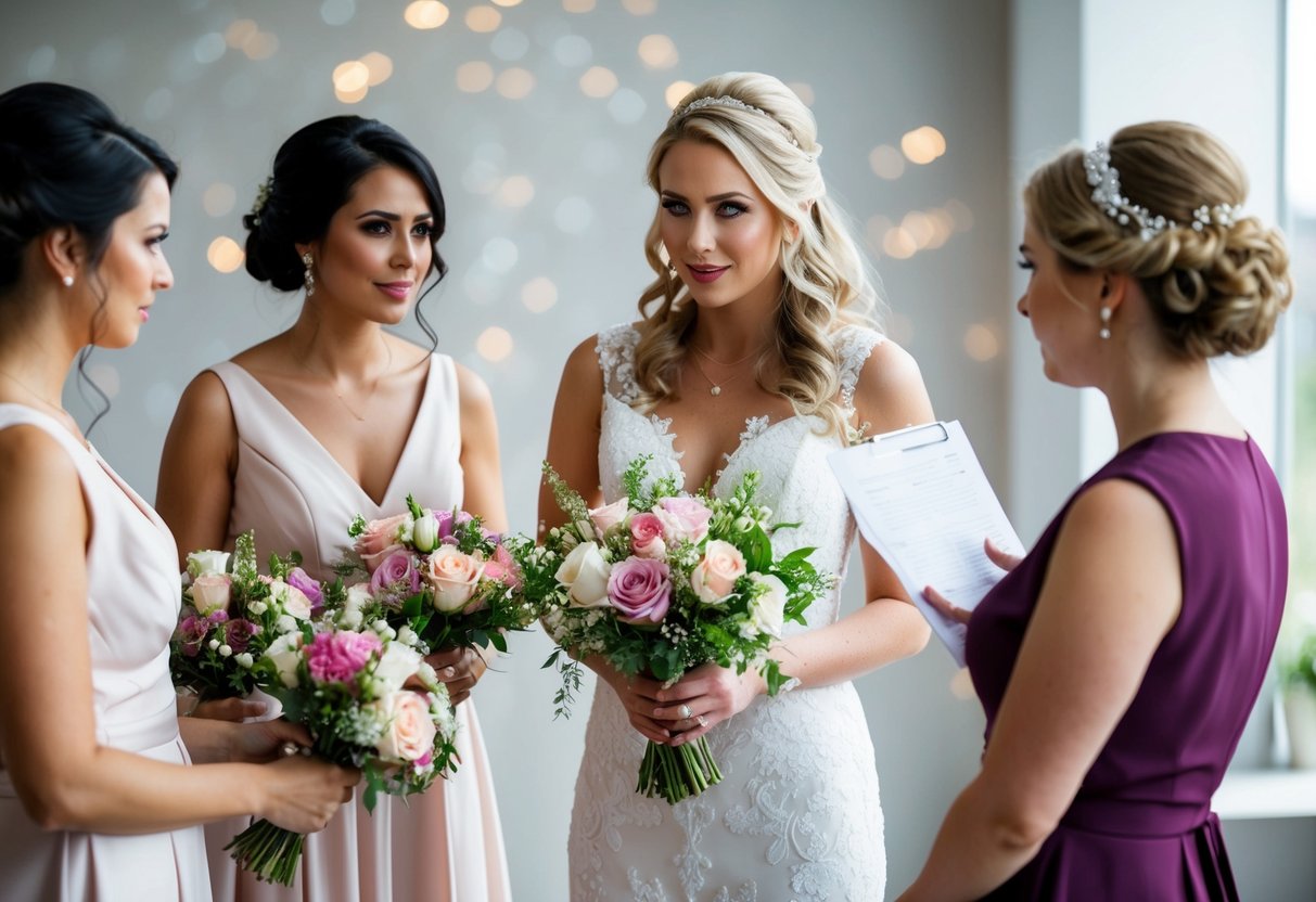 A florist arranging bridesmaids' bouquets, with a bride discussing cost management