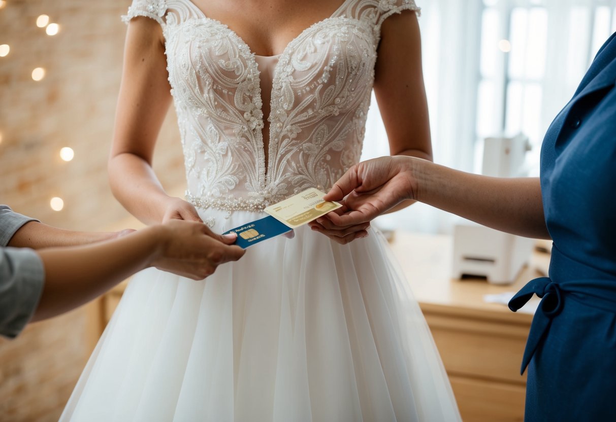A bride's dress being handed over to a seamstress with a payment being exchanged