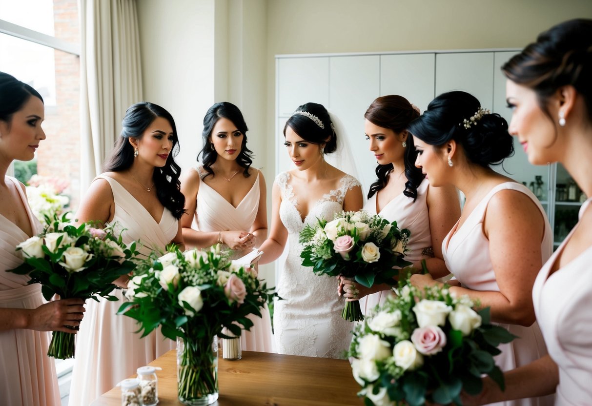 A bride and her bridesmaids gather around a florist, discussing and choosing bouquets. The bride appears to be making a decision while the bridesmaids look on