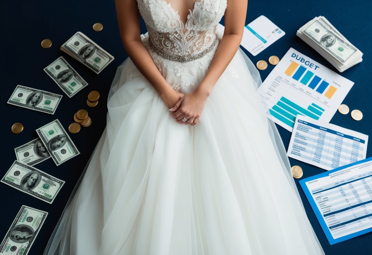 A bride's dress surrounded by financial elements like cash, credit cards, and budget spreadsheets