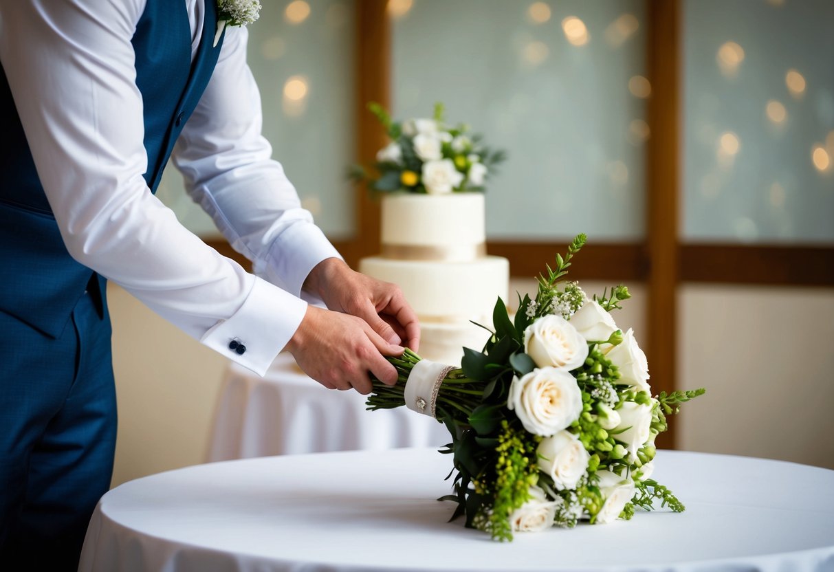 A groom's hand placing a bouquet of flowers on a table with a wedding cake in the background