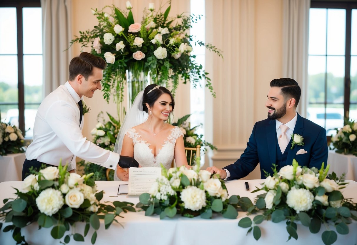 A bride and groom sit at a table, surrounded by elegant floral arrangements. A florist presents a bill to the couple