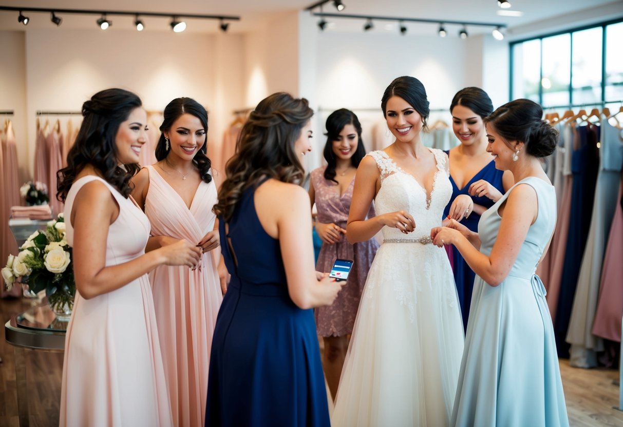 A group of bridesmaids try on dresses in a boutique as a woman with a credit card stands nearby