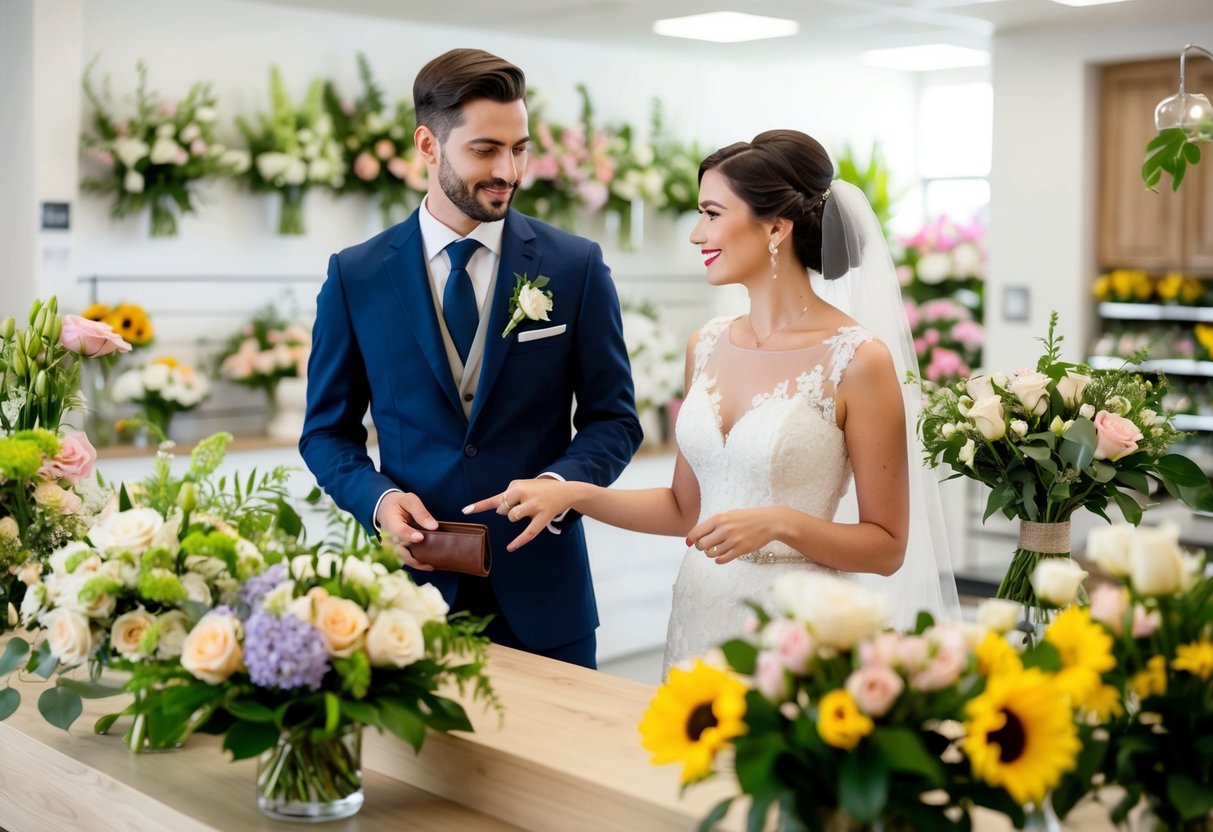 A bride and groom stand at a floral shop counter, discussing flower arrangements with a florist. The groom holds a wallet, while the bride points to various bouquets