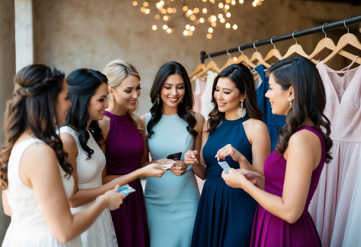 A group of women discussing and pointing at a collection of bridesmaid dresses while holding a payment card and cash
