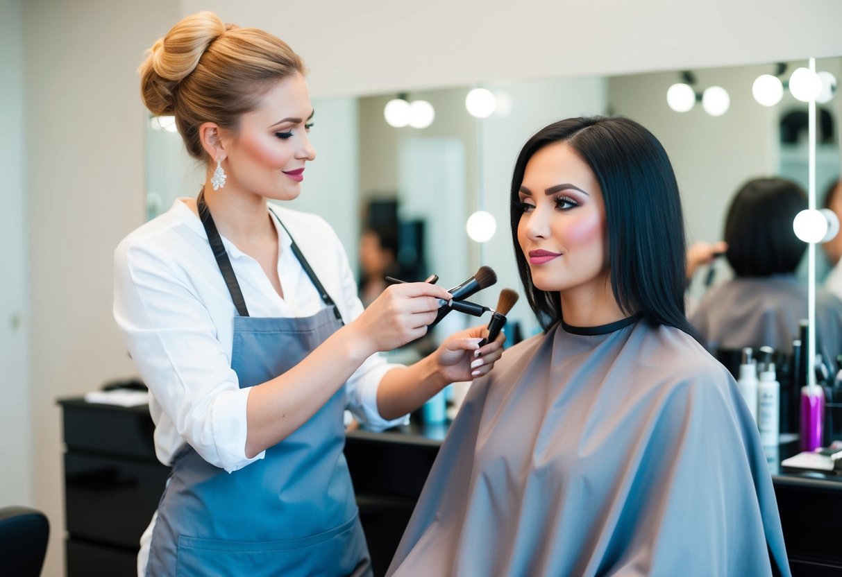 A serene salon setting with a hairstylist and makeup artist working on a client's hair and makeup