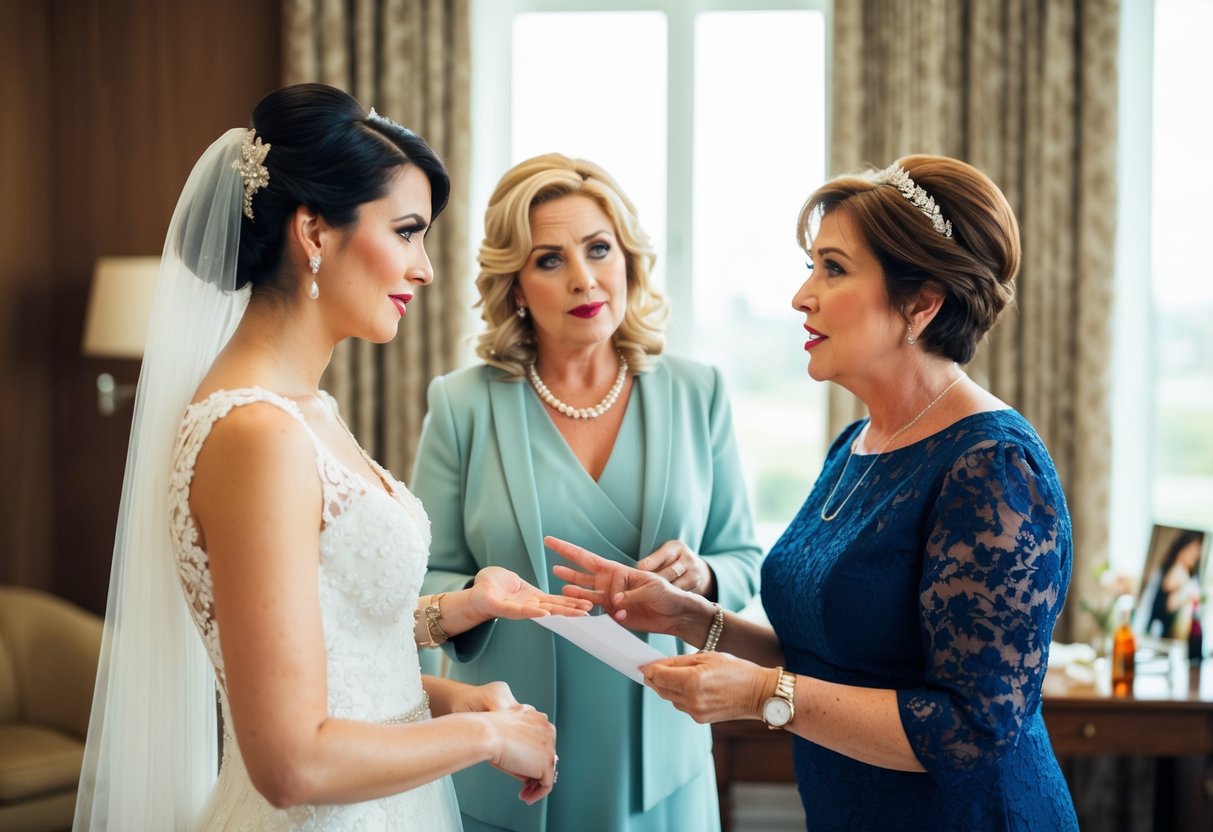 A bride and her future mother-in-law discussing and reaching an agreement on who will cover the cost of the mother of the groom's hair and makeup for the wedding