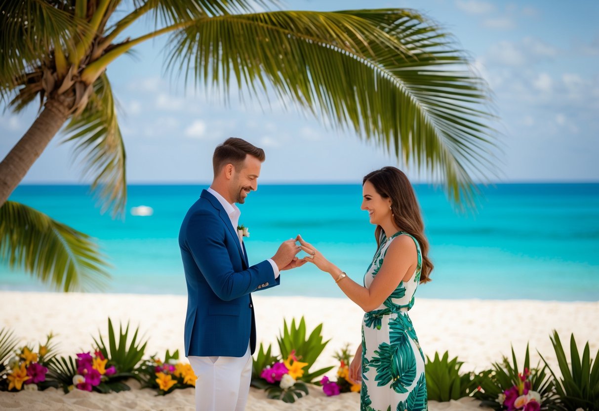 A couple exchanging rings on a sandy beach, surrounded by tropical flowers and palm trees, with a clear blue ocean in the background