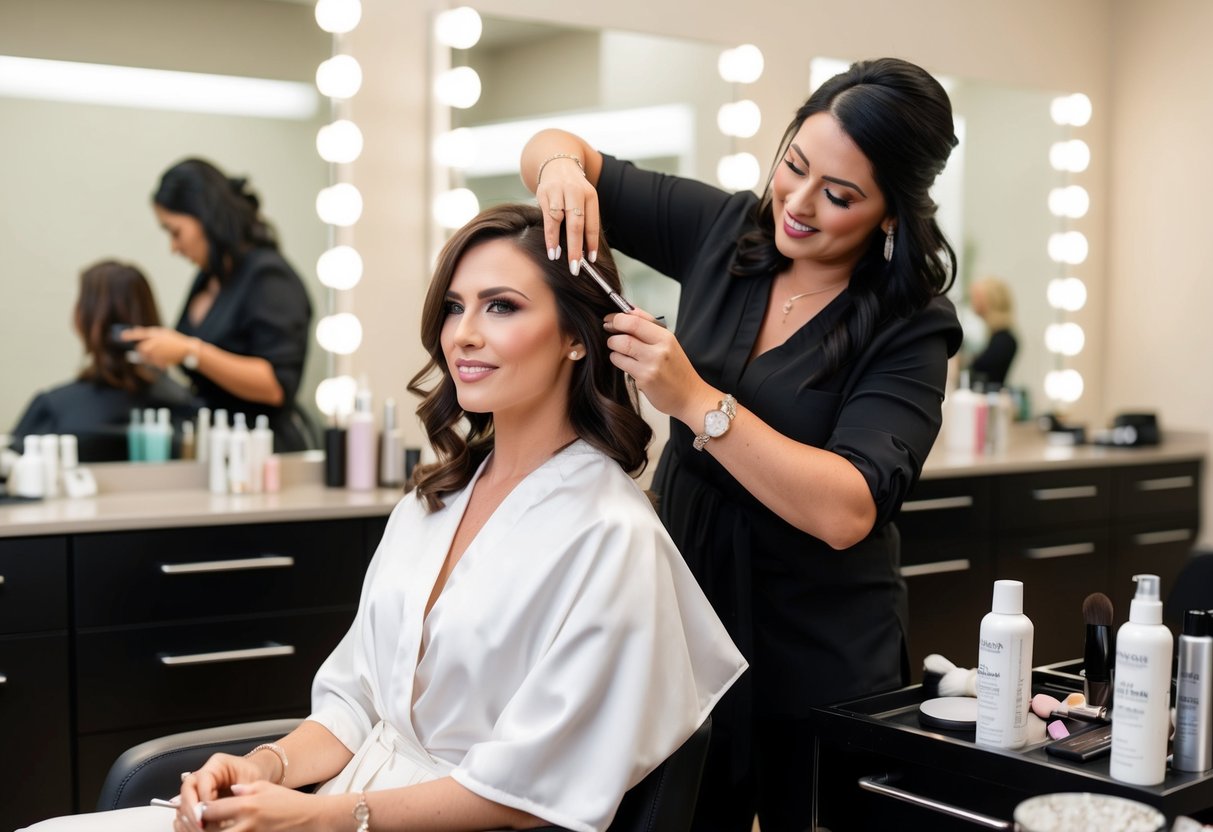 A woman seated in a salon chair, getting her hair and makeup done for a wedding. A stylist stands beside her, working with various beauty products and tools