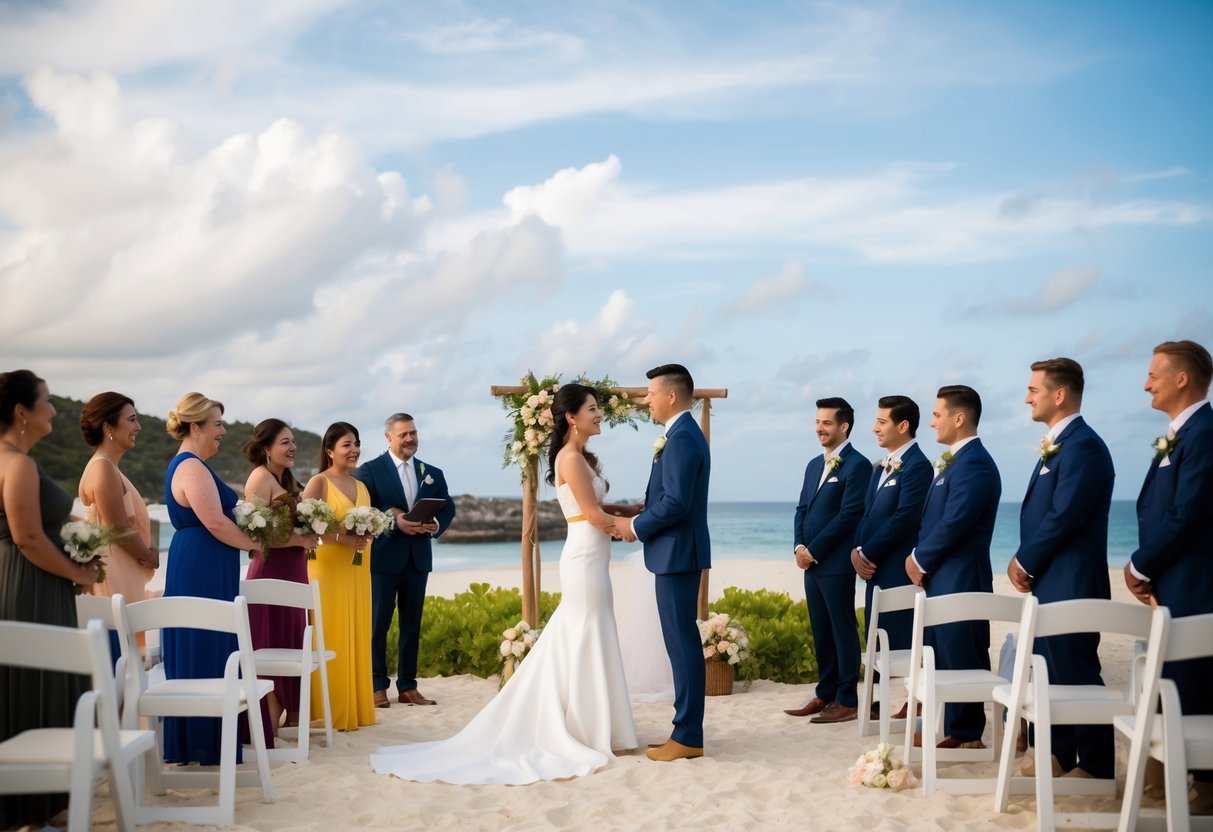 A couple and their guests gather on a beach with a scenic backdrop, exchanging vows at a destination wedding