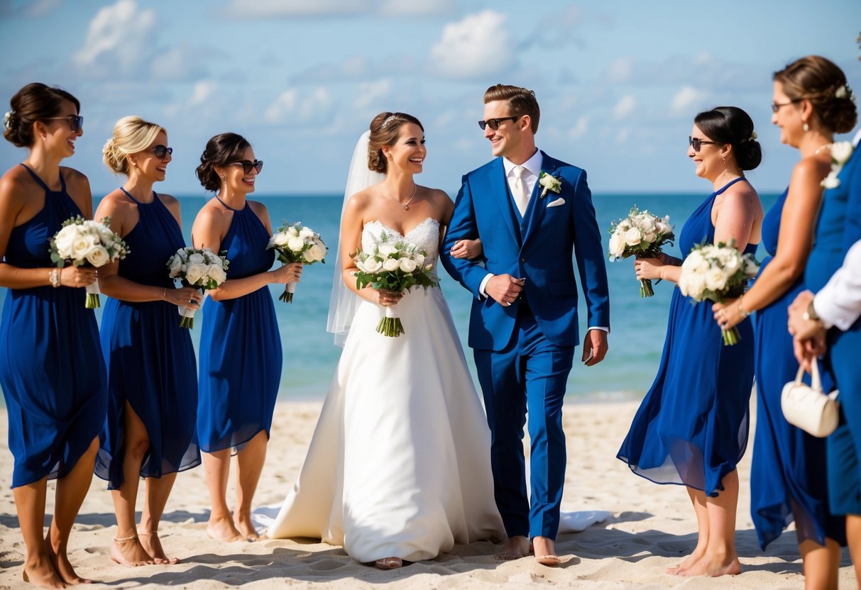 The bride and groom stand at the center of a beach wedding, surrounded by their wedding party. The wedding party is responsible for ensuring that guests are taken care of and have a memorable experience