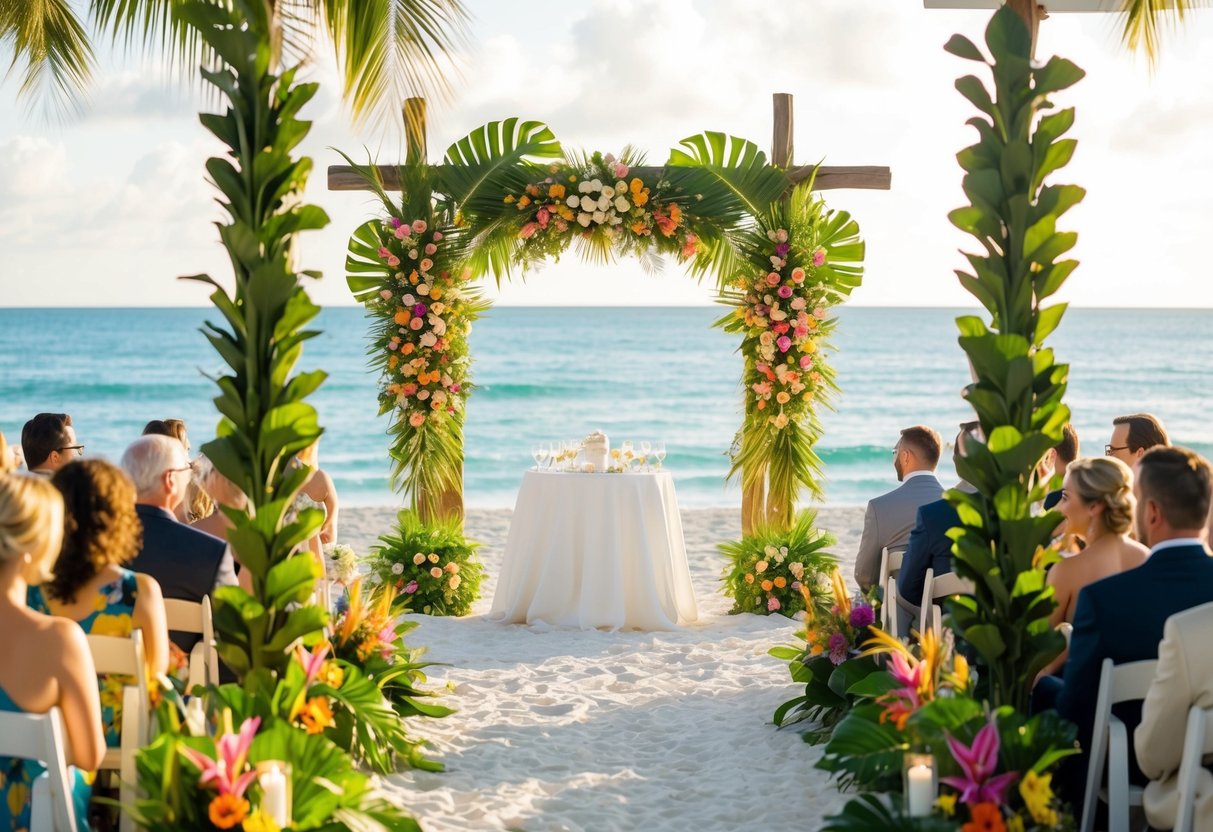 A picturesque beach setting with a beautifully decorated wedding altar, surrounded by lush tropical greenery and colorful flowers. The ocean shimmers in the background, creating a serene and romantic atmosphere for the guests