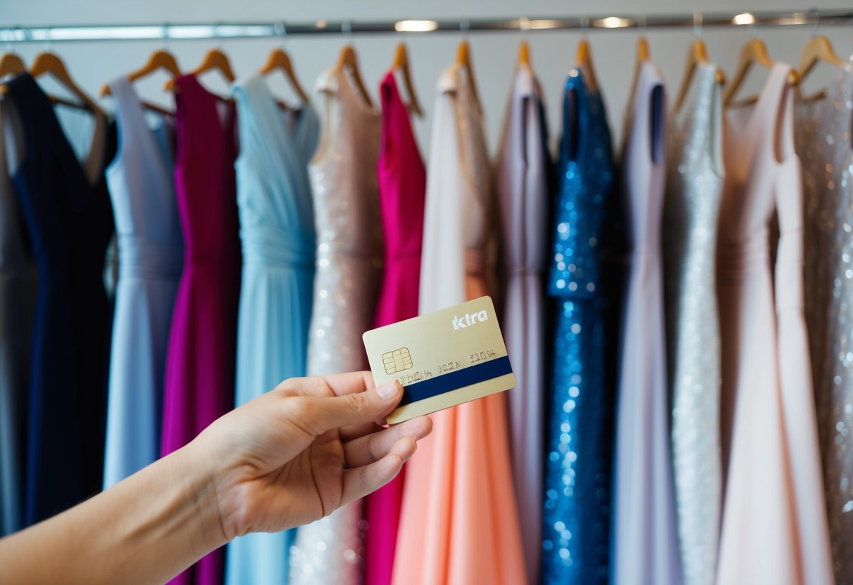 A woman's hand holding a credit card while standing in front of a rack of elegant dresses in a boutique