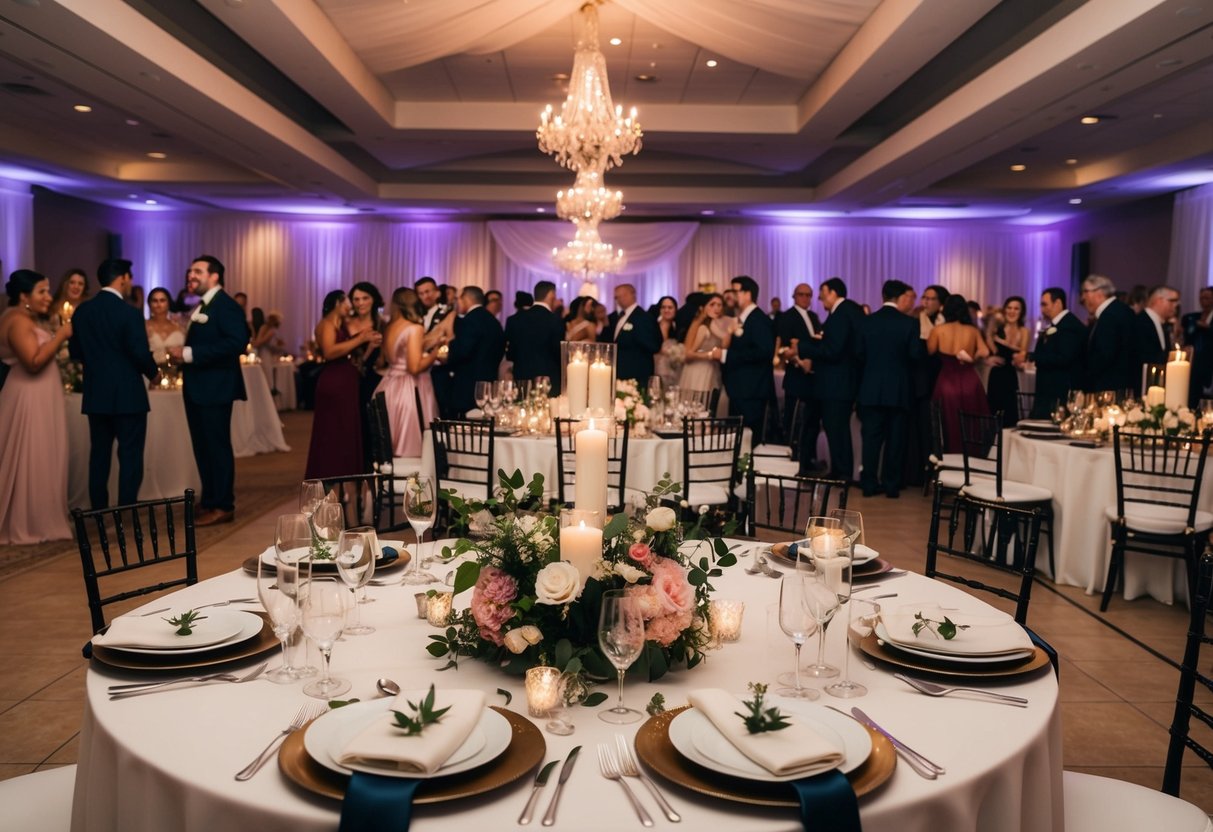 A festive wedding reception with tables set for dining, adorned with flowers and candles. A large dance floor is surrounded by guests mingling and celebrating