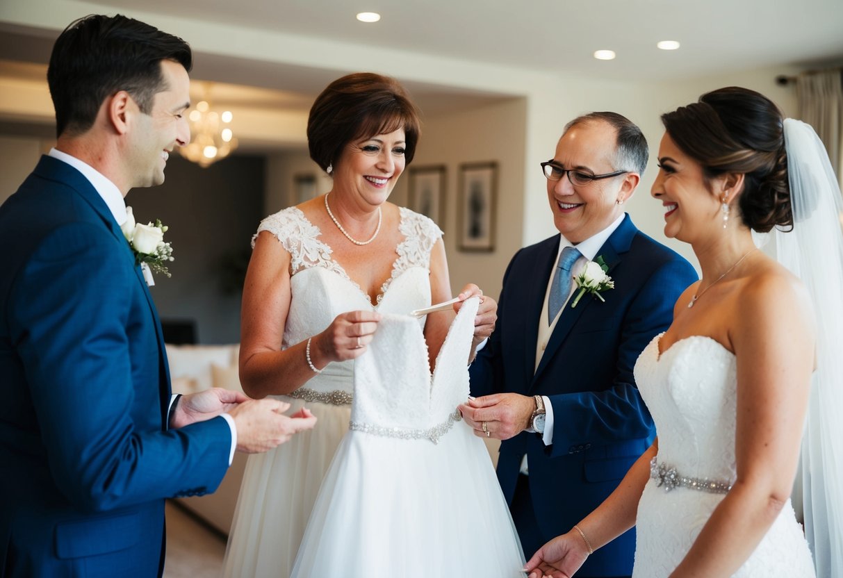 A bride's mother receives a dress from the groom's family, symbolizing their acceptance and support in the wedding planning process