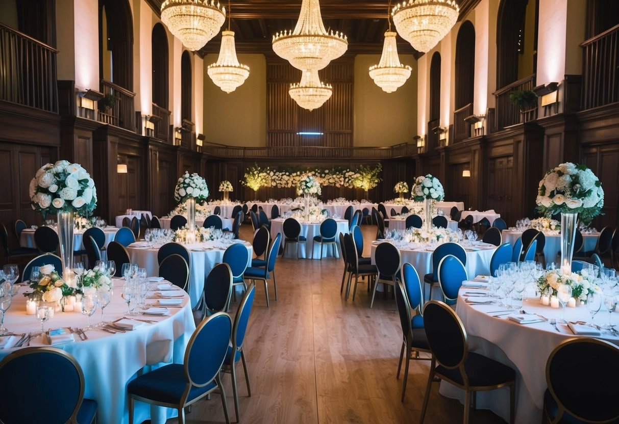 A grand banquet hall filled with elegantly decorated tables and chairs, with a beautiful floral centerpiece, ready to accommodate a large number of guests for a UK wedding