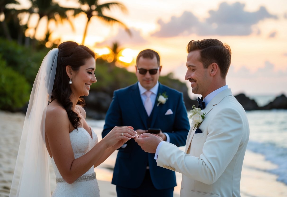 A bride and groom exchanging wedding rings on a tropical beach with a sunset in the background