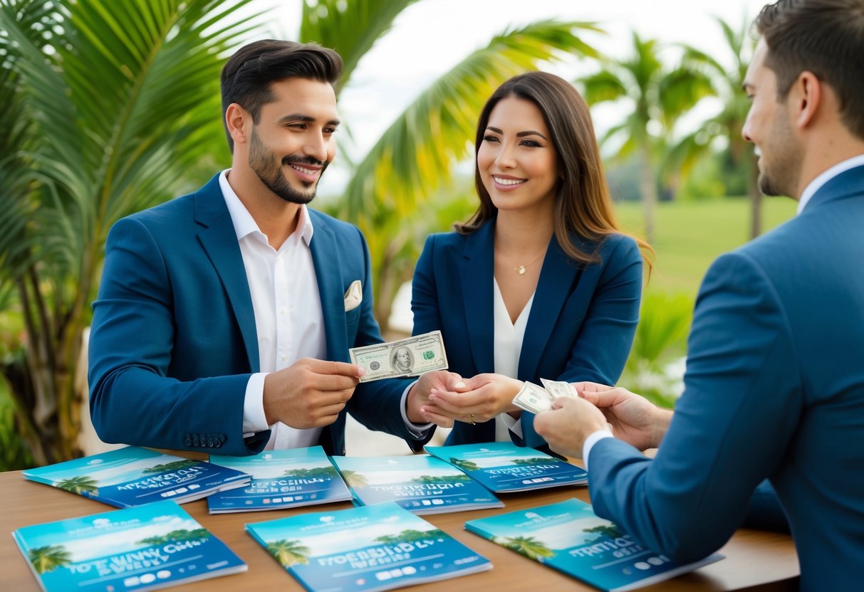 A couple exchanging money with a travel agent, surrounded by tropical destination wedding brochures and price lists
