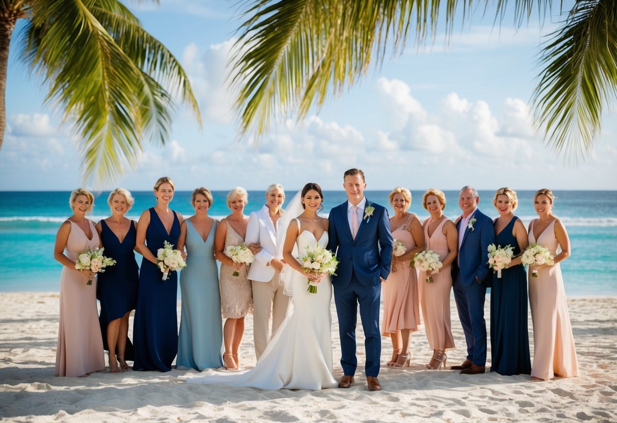 A couple stands on a tropical beach, surrounded by family and friends. They are dressed in elegant attire, with the ocean and palm trees in the background