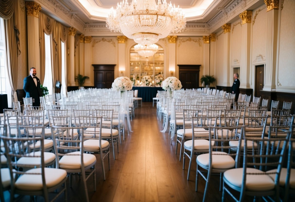 A grand, ornate venue with elegant decor and seating for a large number of guests