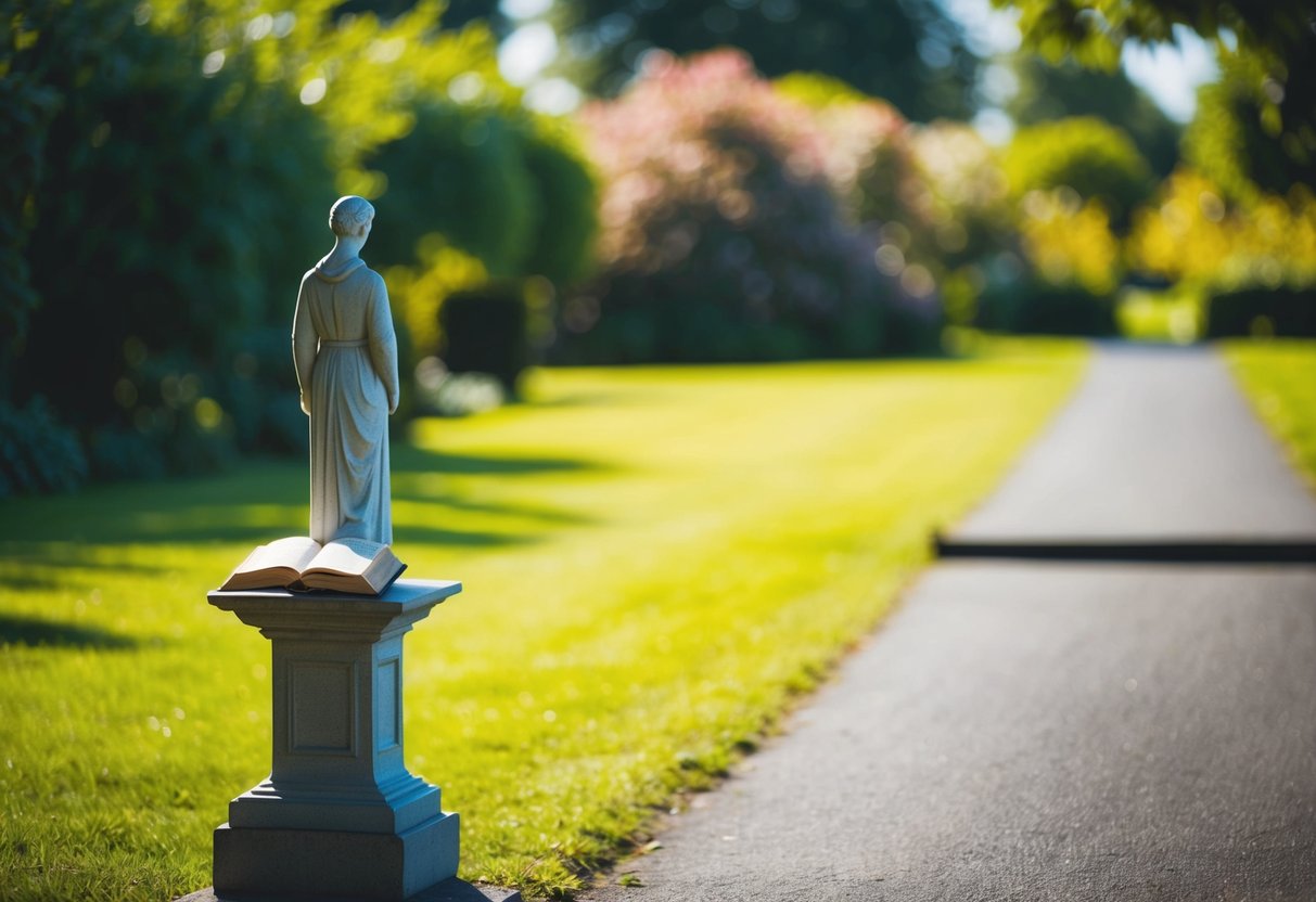 A figure stands alone on a sunlit path, facing a lush garden. A small, ornate book lies open on a pedestal