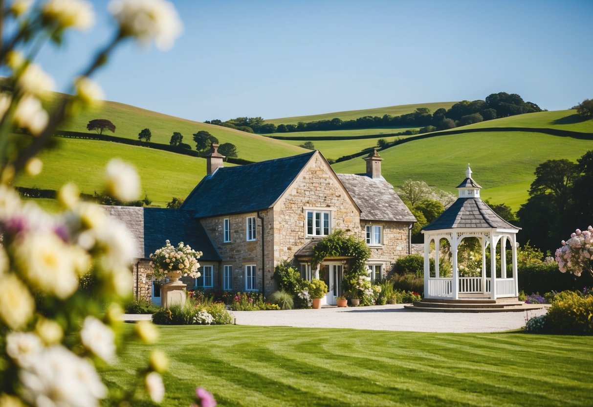 A picturesque countryside wedding venue with rolling hills and a charming stone building, surrounded by blooming gardens and a gazebo