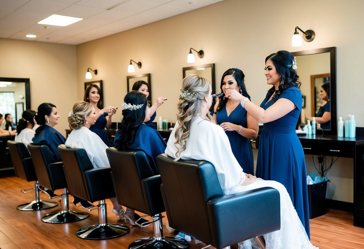 A bride and her wedding party sitting in a salon chair getting their hair and makeup done for the big day