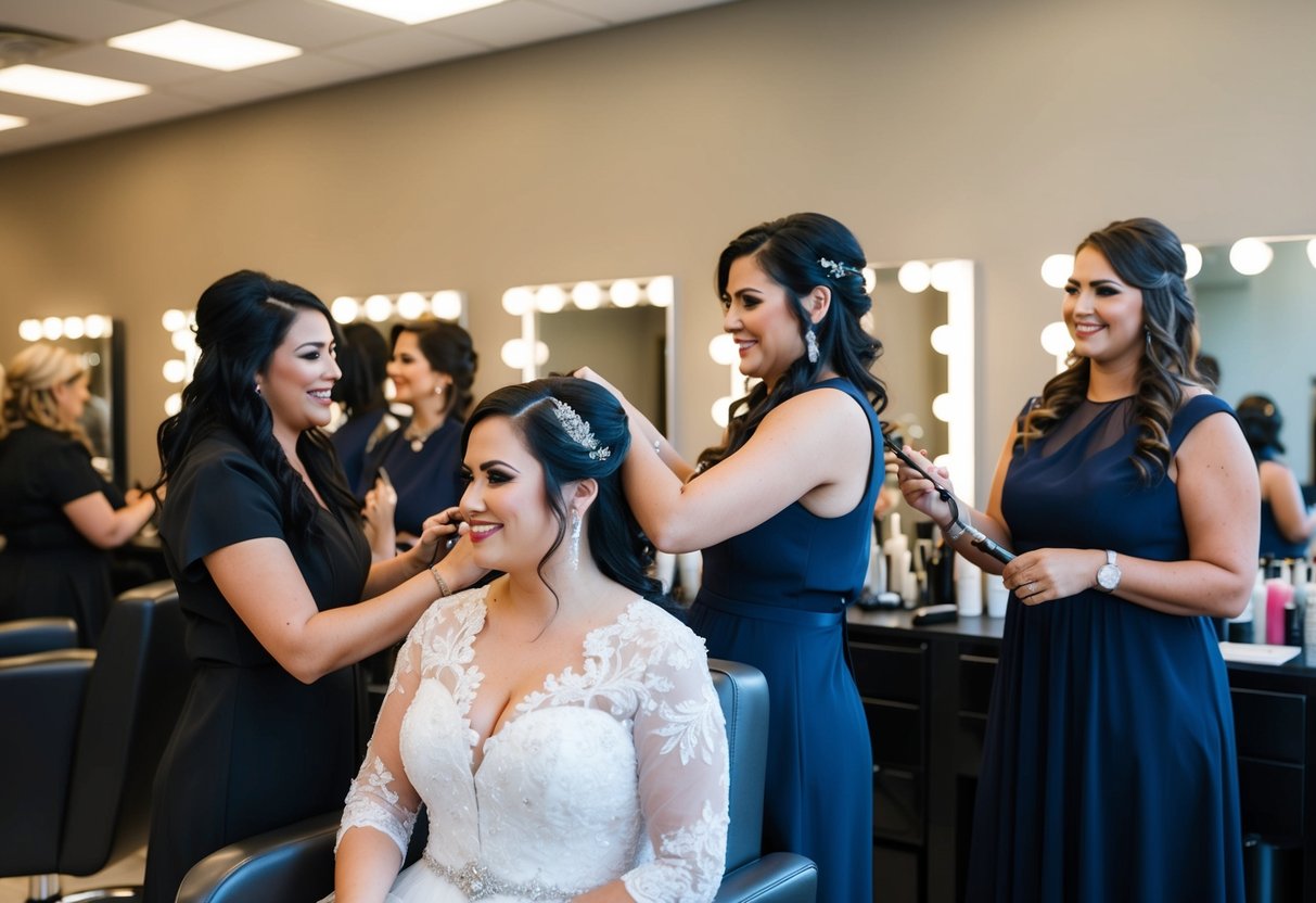 A bride and her wedding party sitting in a salon chair getting their hair and makeup done by professional stylists
