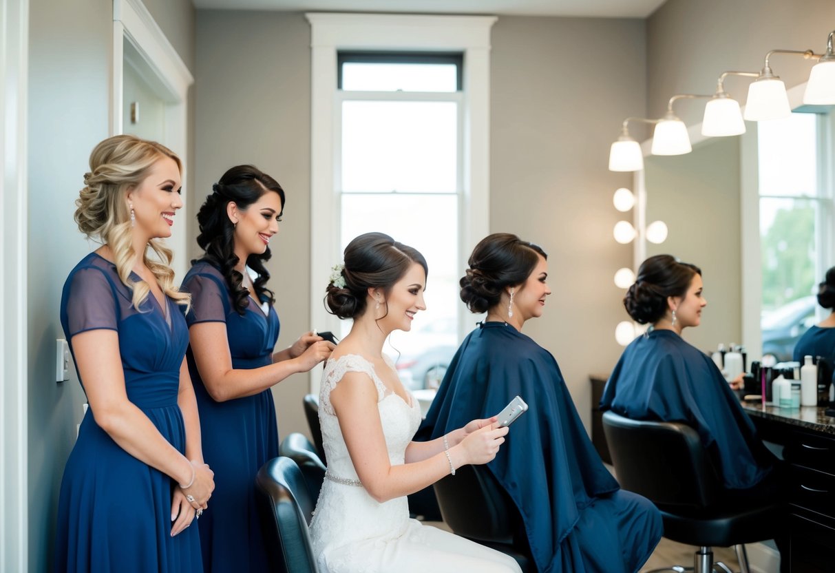 A bride and her bridesmaids sit in a salon, getting their hair and makeup done. The bride pays for the wedding party's services
