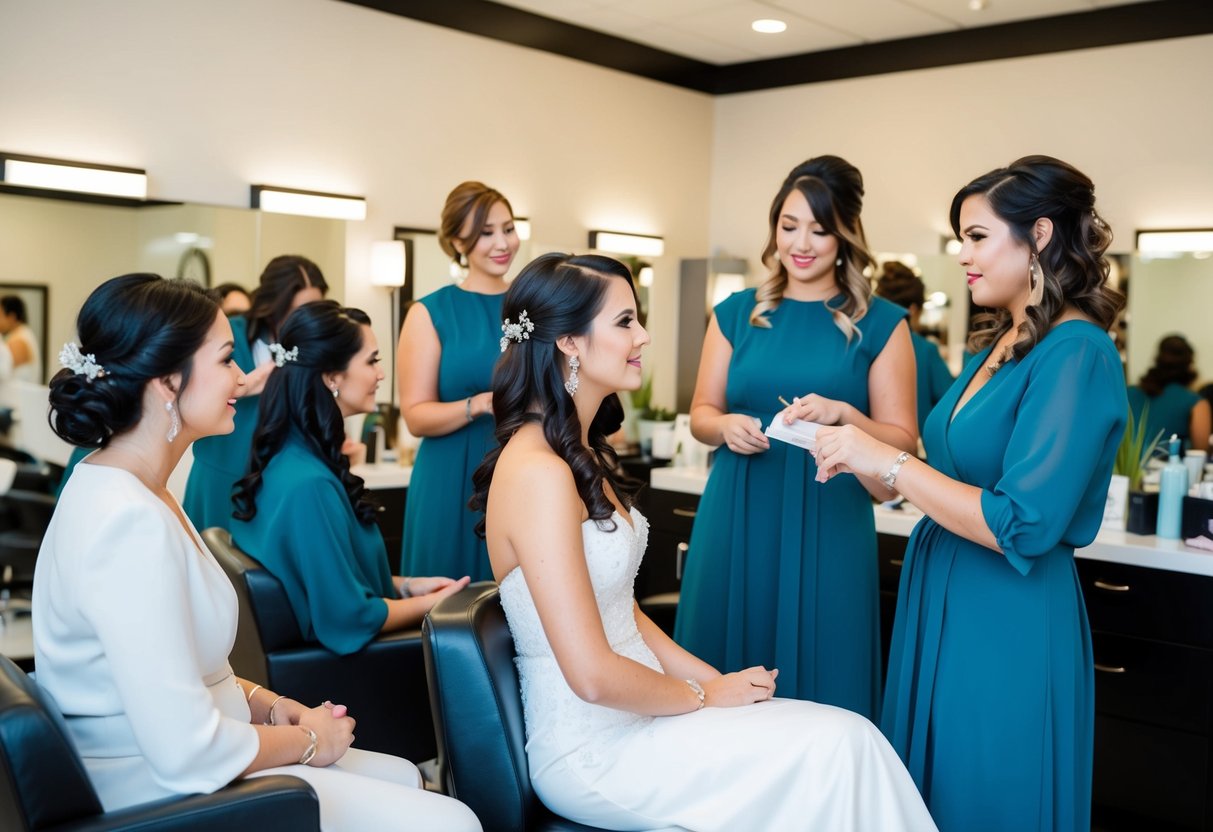 A bride and her bridal party sit in a salon, getting their hair styled. The bride and her bridesmaids are discussing who will be paying for the wedding party hair