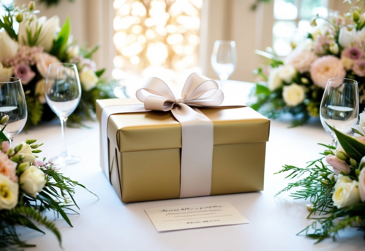 A beautifully wrapped gift box with a ribbon and a card placed on a table surrounded by elegant floral arrangements and decorative wedding decor