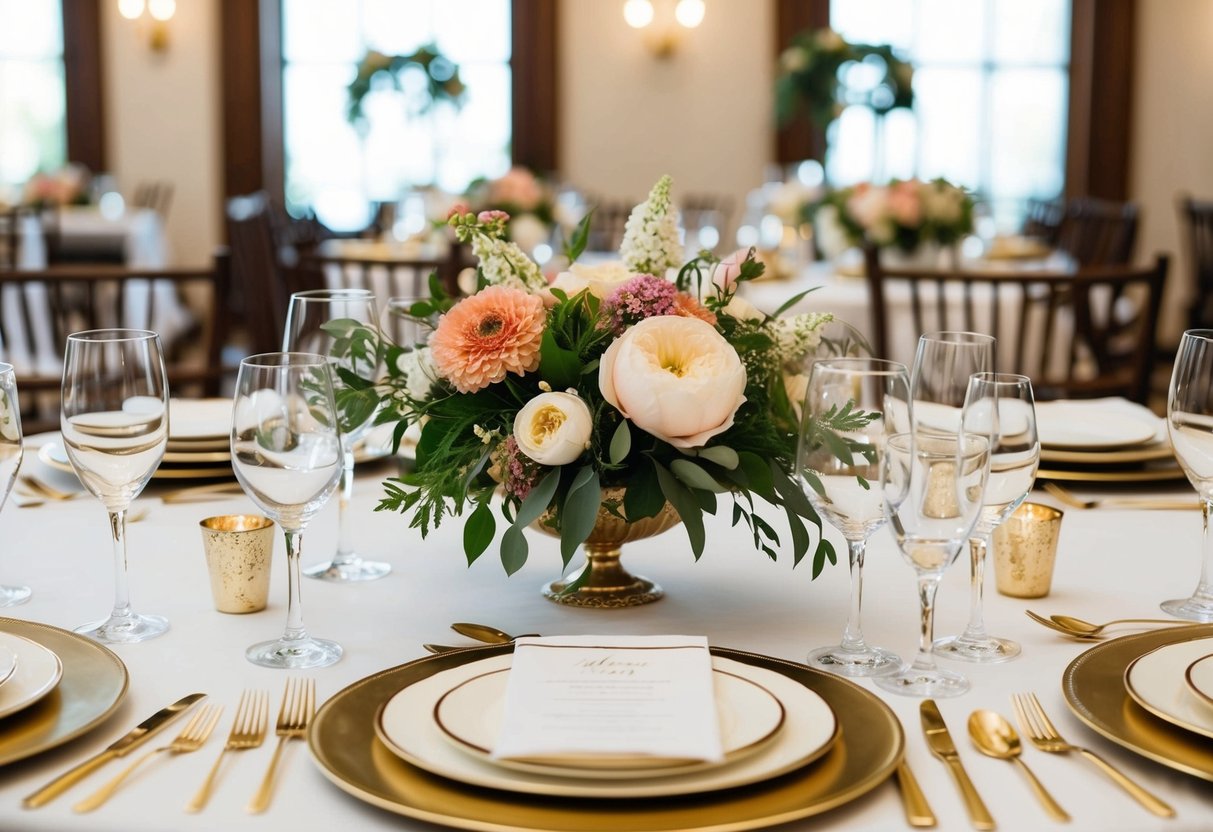A beautifully decorated table with elegant place settings and floral centerpieces