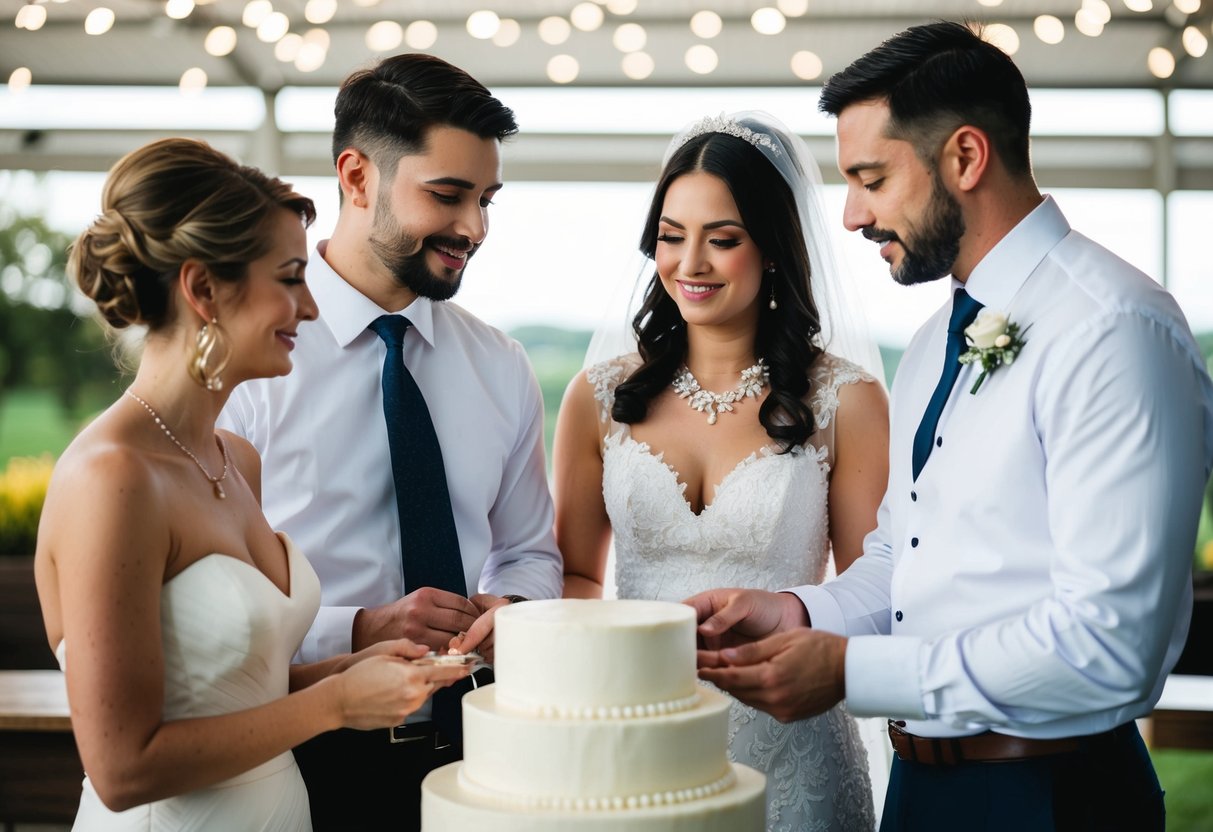 A couple and their families discussing wedding cake payment