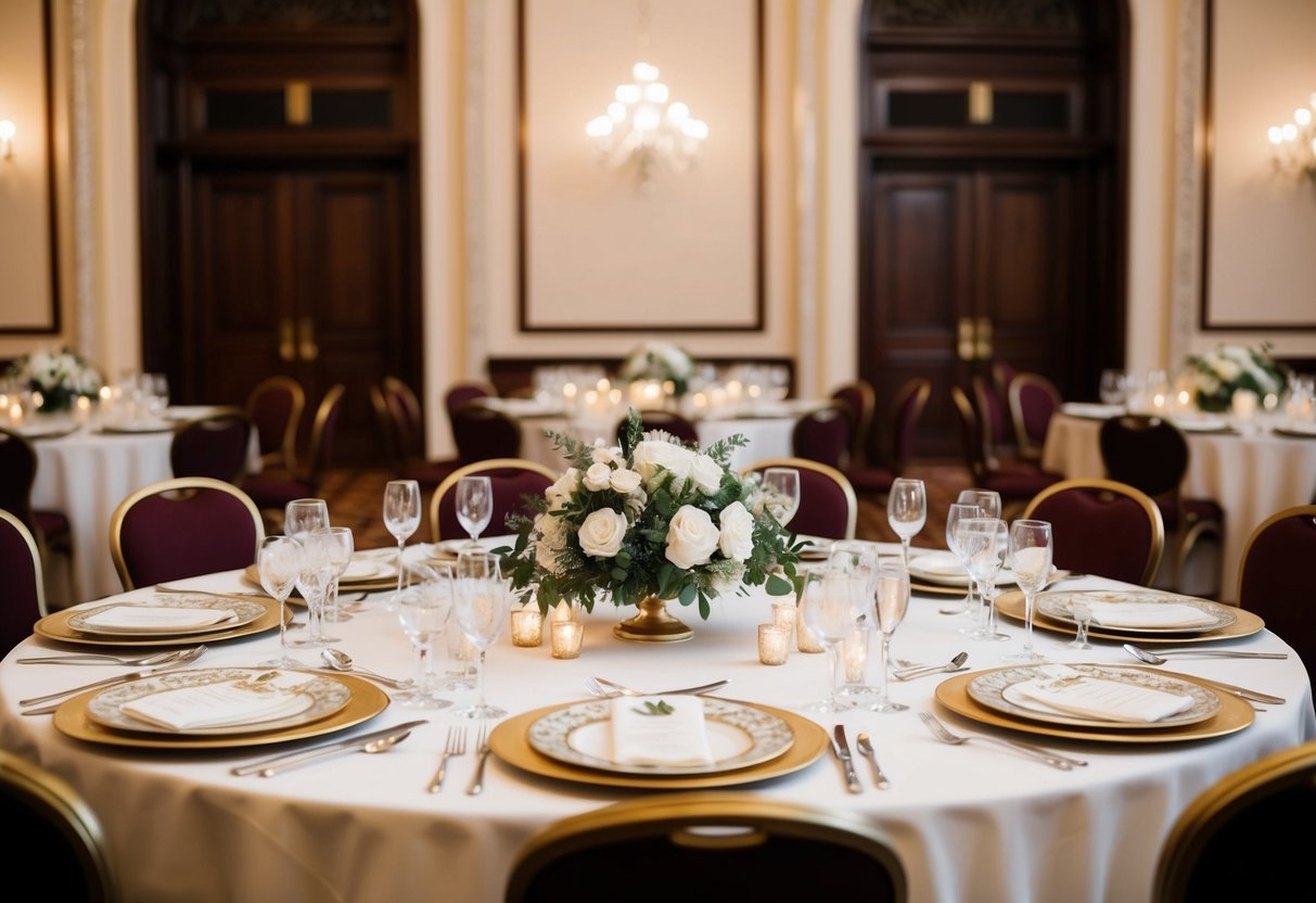 A grand, ornate table set with fine china and elegant centerpieces, positioned prominently at the head of the reception hall